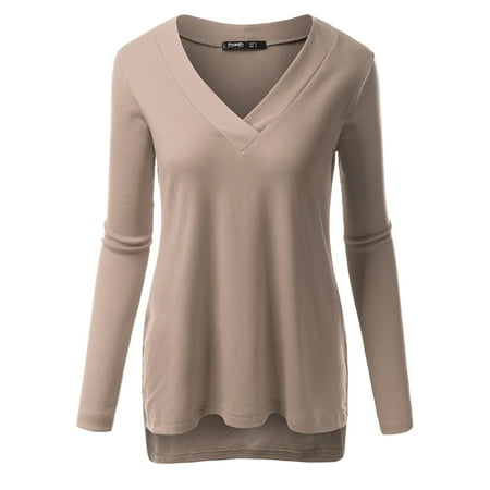 Slit Front Cotton Top - Thanth Womens Long Sleeve V-Neck T-Shirts Medium Weight Side Slit Top