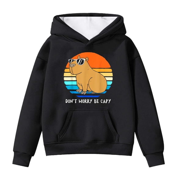 SonxaHe Toddler Girls' Hooded Sweatshirts Cartoon Capybara Oversized Pocket Hoodies Kids Comfy Fall Winter Hoodies Black,Sized 4-5