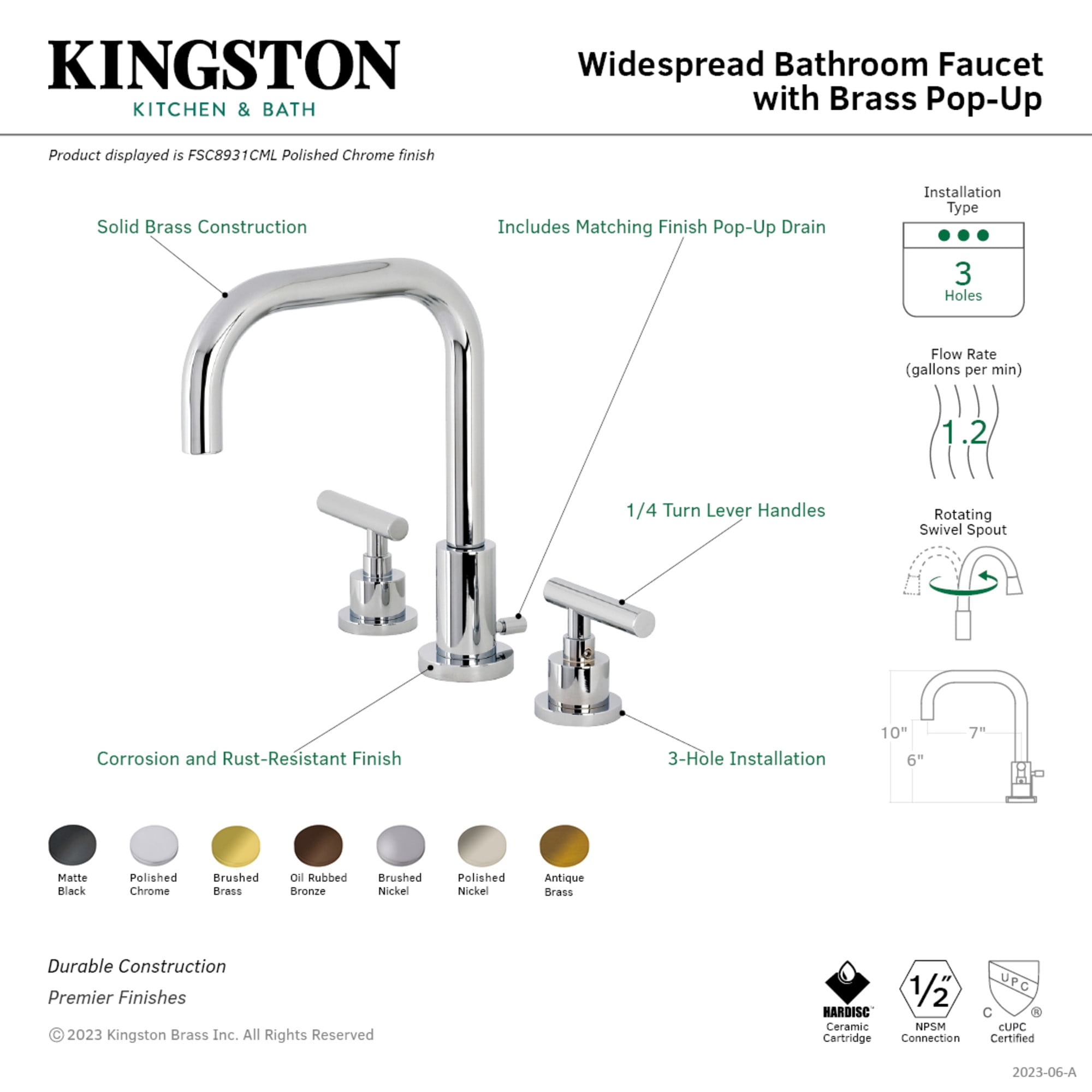 Kingston Brass FSC8930CML Manhattan Widespread Bathroom Faucet with Brass Pop-Up, Matte Black