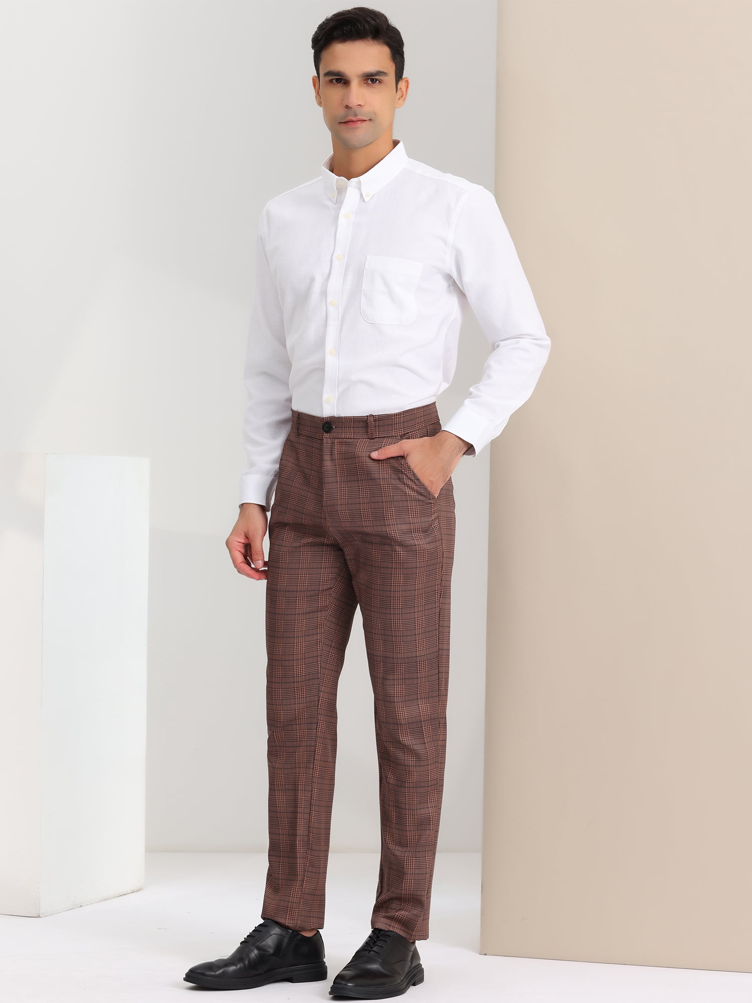 Unique Bargains Men's Checked Prom Trousers Regular Fit Formal Plaid Suit Pants 32 Brown