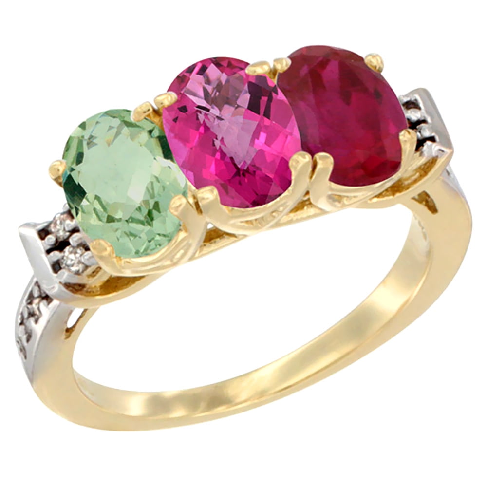 10K Yellow Gold Natural Green Amethyst, Pink Topaz & Enhanced Ruby Ring 3-Stone Oval 7x5 mm Diamond Accent, sizes 5 10 by WorldJewels