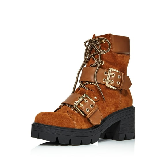 AQUA Womens Cognac Brown Dual Buckle Straps Lug Sole Genie Round Toe Block Heel Lace-Up Leather Hiking Boots 8 M