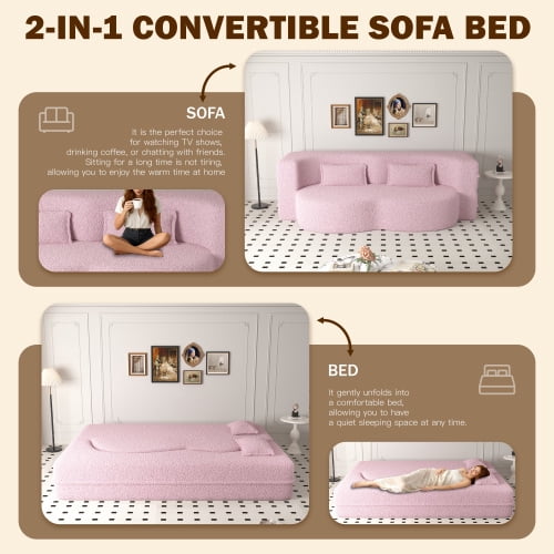 78" Convertible Floor Sofa with 2 Pillows, Sherpa Fleece Foam-Filled Sleeper Bed, Pink