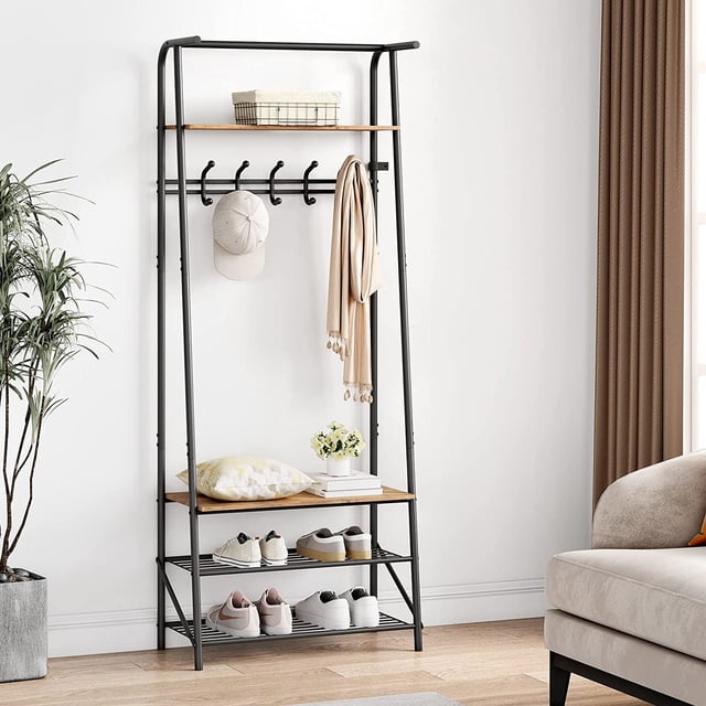 Coat Rack Shoe Bench with 5 Hooks, Hall Trees Entryway Bench with Storage, Multifunctional Hallway Organizer, Wood Look Accent Furniture with Metal Frame for Entryway, Living Room, Bedroom