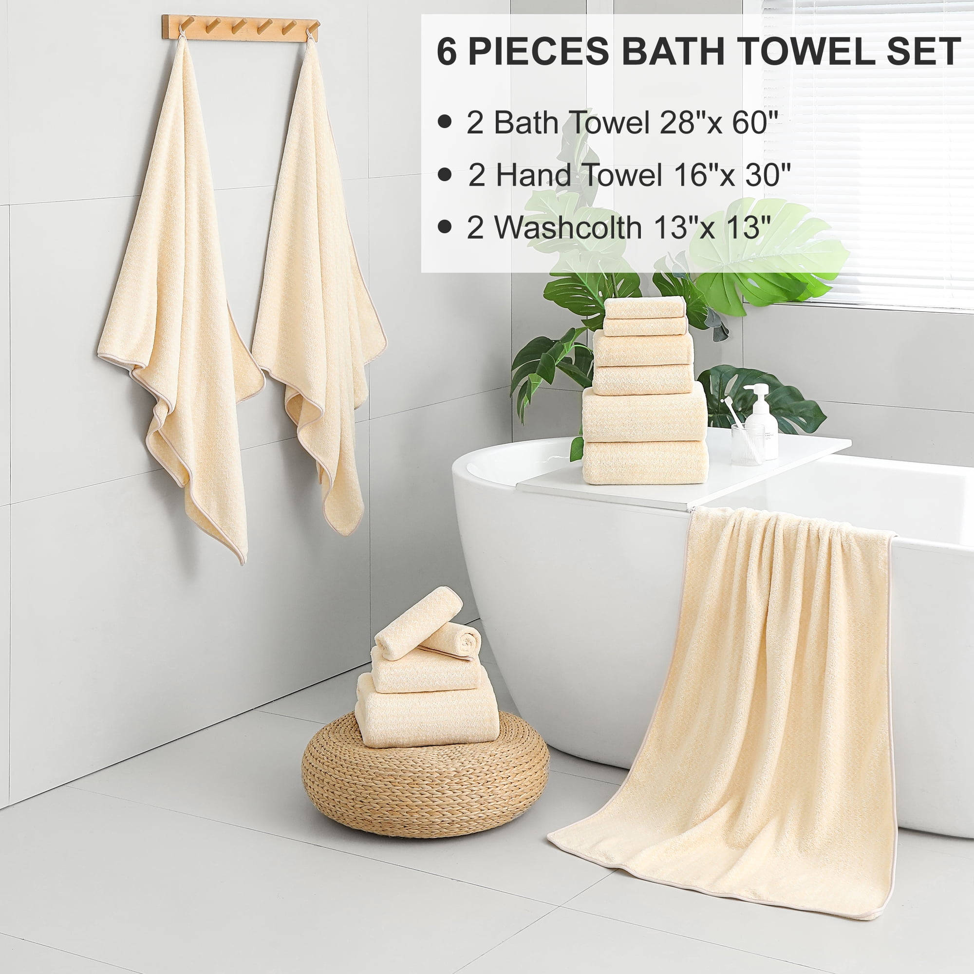 Smuge 6 Piece Beige Bath Towel Set, 2 Bath Towels, 2 Hand Towels, 2 Washcloths, Soft Microfiber Shower Towel for Bathroom