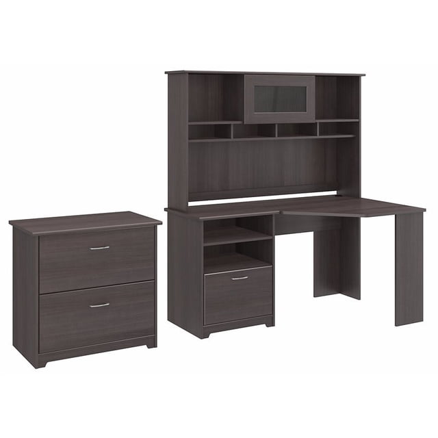 Cabot Corner Desk with Hutch and File Cabinet in Heather Gray - Engineered Wood