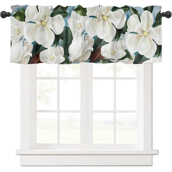 Floral Windows Valances Curtain White Magnolia Flower Kitchen Valances Rod Pocket Oil Painting Blooming Floral Window Treatment Short Topper Curtains for Kitchen Living Bedroom 1 Panel,54 by 18 inch