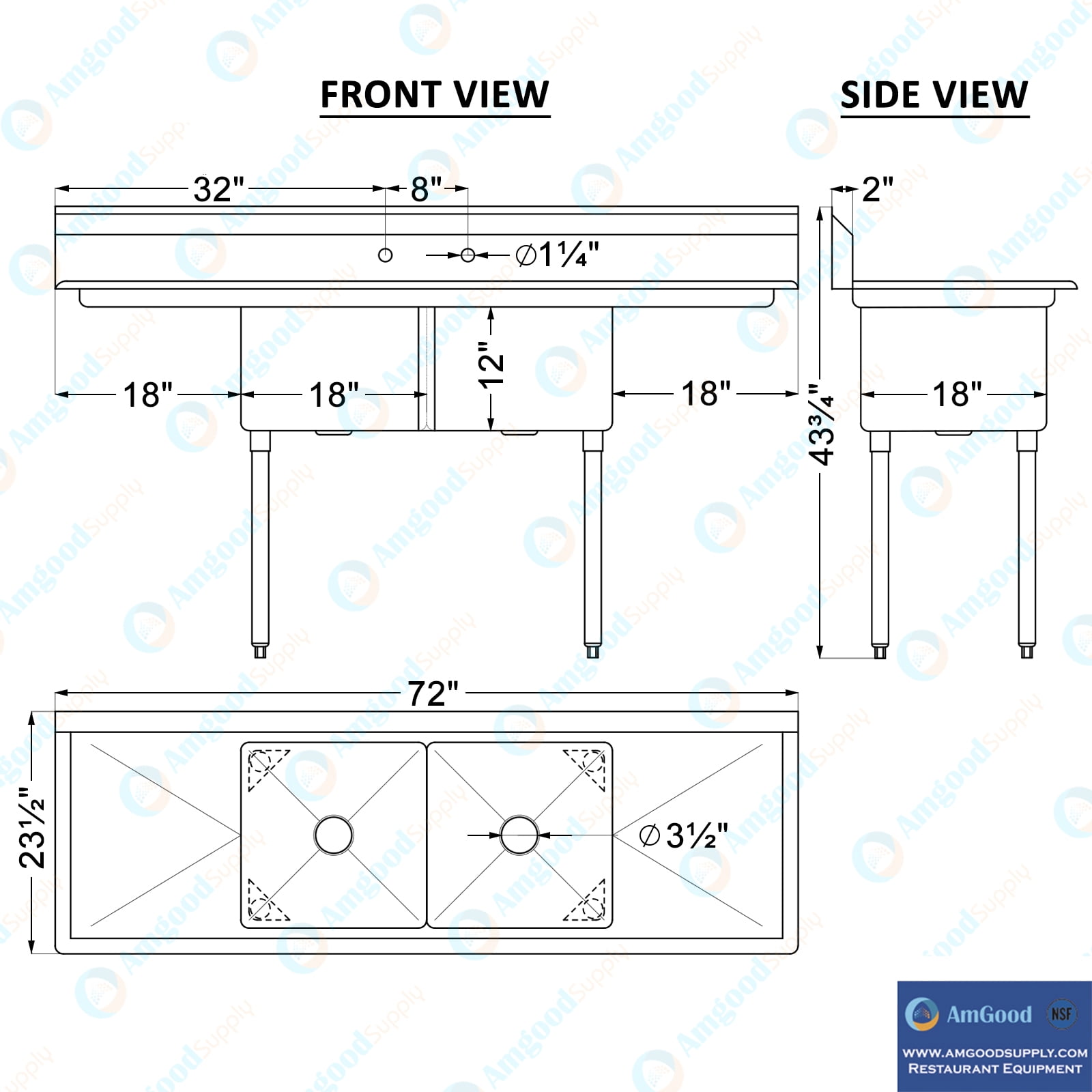 18″ x 18″ x 12″ with 18″ Left and Right Drainboards Two Compartment Stainless Steel Commercial Kitchen Prep & Utility Sink | NSF