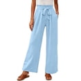 thumbnail image 3 of Women's High Waist Paperbag Bow Wide Leg Pants, Drawstring Flowy Pocket Polyester Trousers, Soft Airy Casual Bottoms for Vacation Social Gatherings Daily | TruHer,Light Blue L, 3 of 9