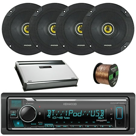 Kenwood Single DIN Bluetooth SiriusXM Ready Digital Media Car Stereo Receiver, Kicker 6.5" 300W Coaxial 2-Way Automotive Speakers - 2 Pairs, MB Quart 360-Watt 4-Channel Amplifier, Speaker Wire
