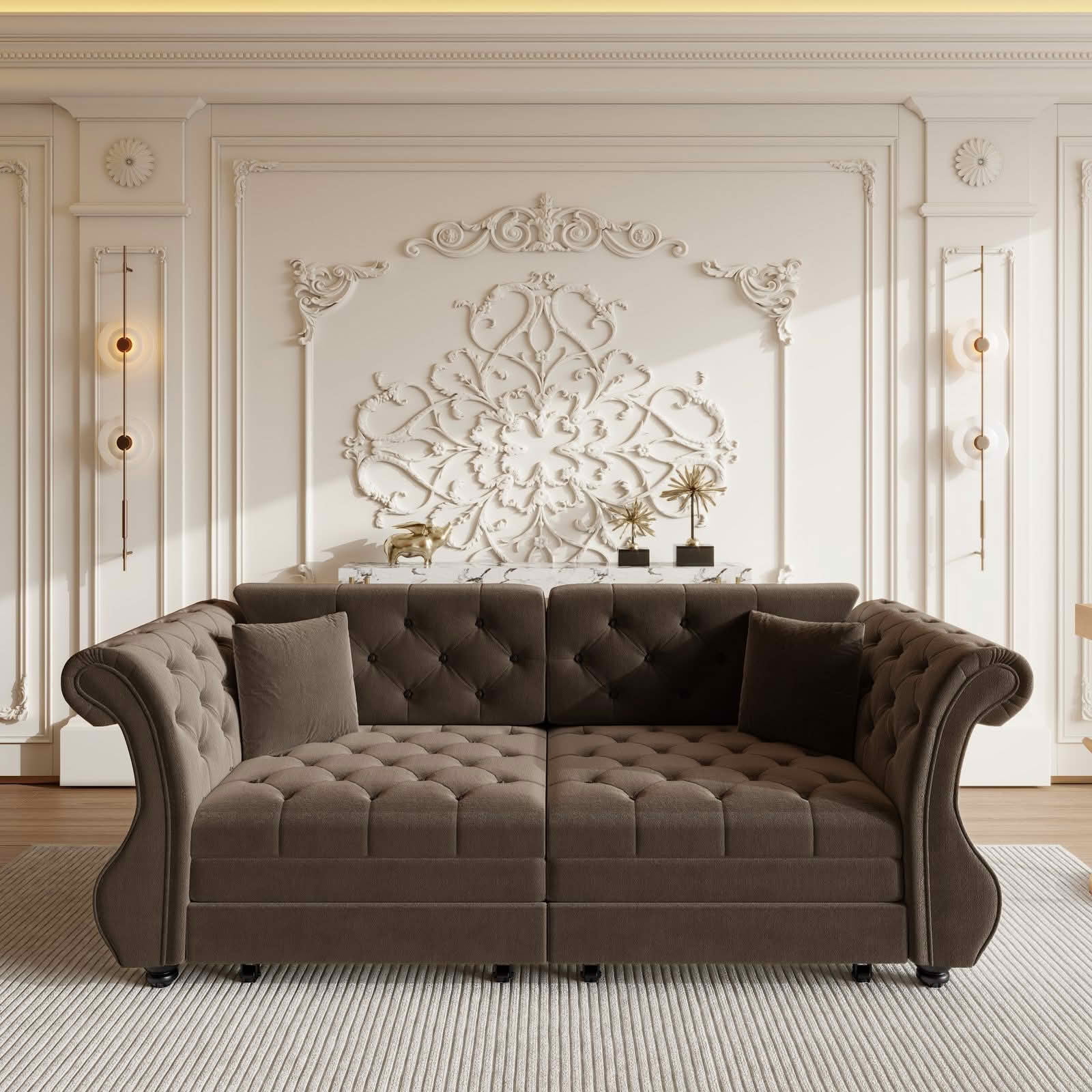 MAYEERTY 83.8" Chesterfield Pull‑Out Sofa Bed, Classic Roll‑Arm Velvet Couch with Flower Tufting, 2 Pillows Included for Living Room, Bedroom and Apartment