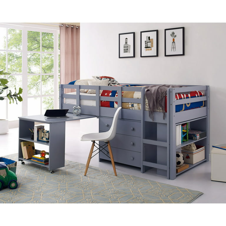 Low Loft Bed Twin Loft Bed With Desk Kids Beds For Boy Solid Pine Wood  Toddler Bed For Girls With Ladder Storage Guard Rails No Box Spring Needed  - Color: Grey, Style: