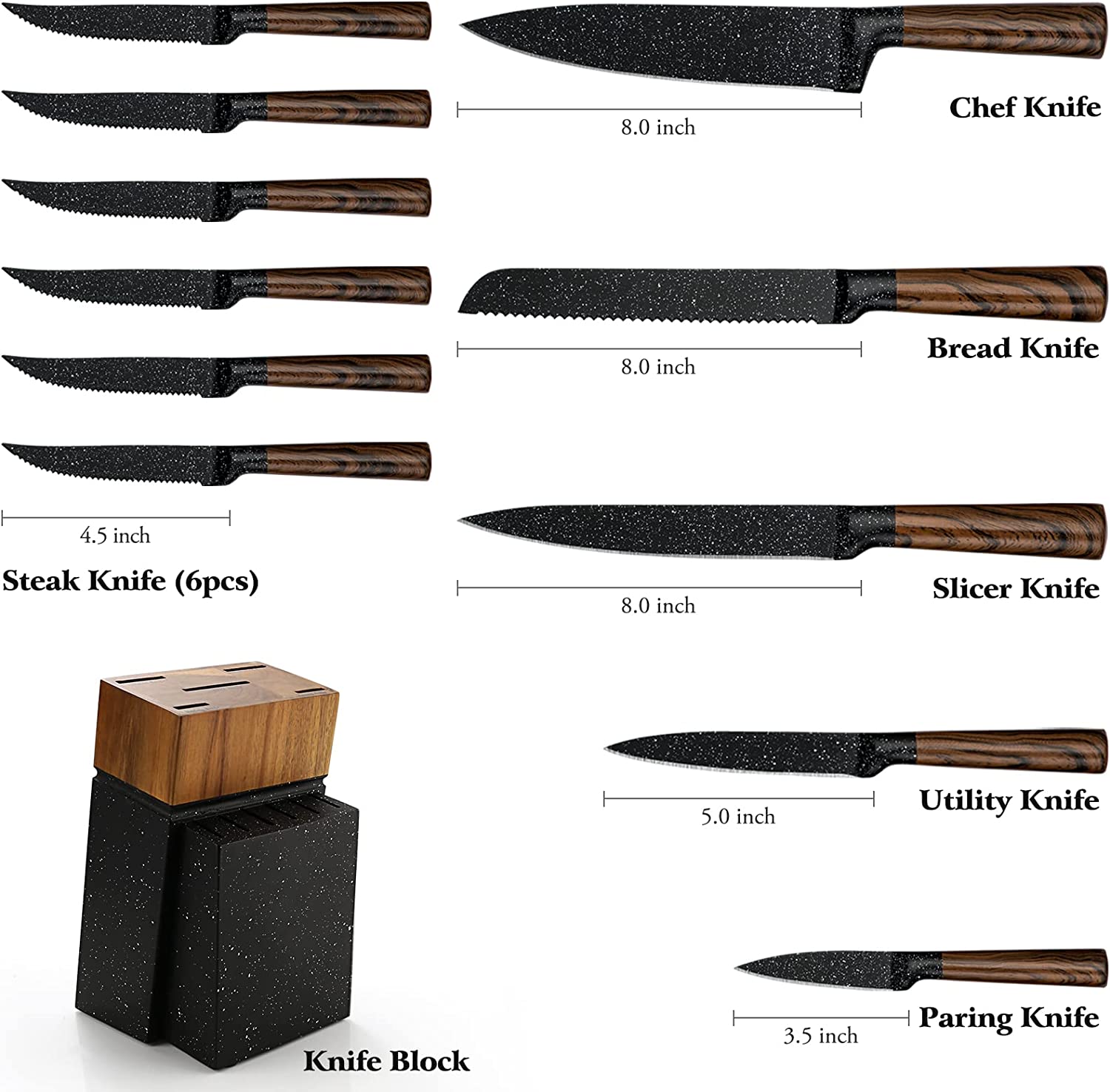 12-Piece Kitchen Knife Set with Wooden Block, Professional Chef Knife Sets with Steak Knives, High Carbon German Stainless Steel Knife with Japanese Designed Wooden Pattern Stainless Handle
