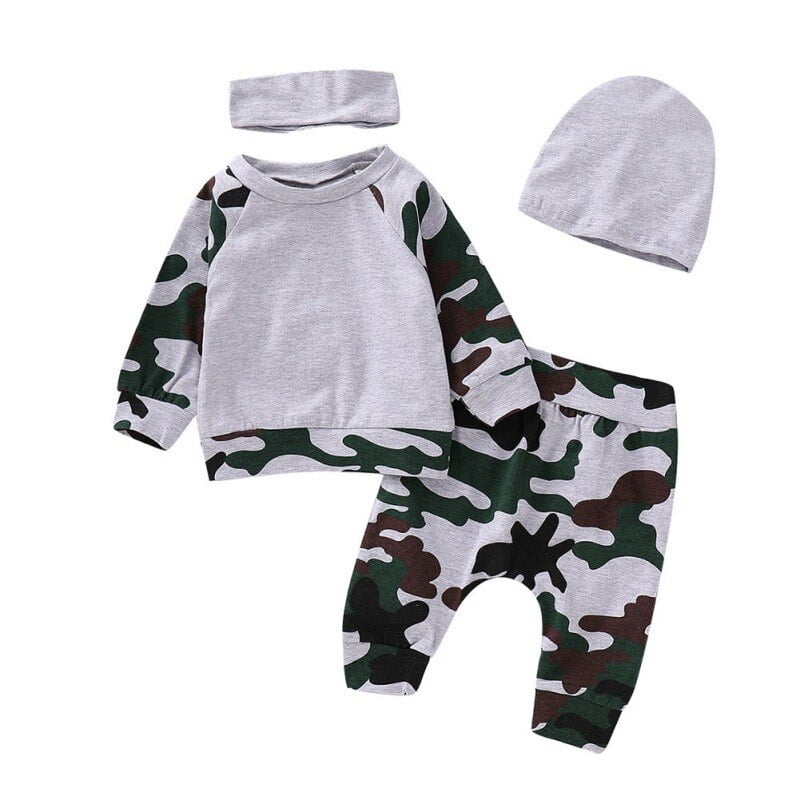 Kids Baby Boys Letter Camouflage Print O-neck Long Sleeve Tops Pants Outfits Set