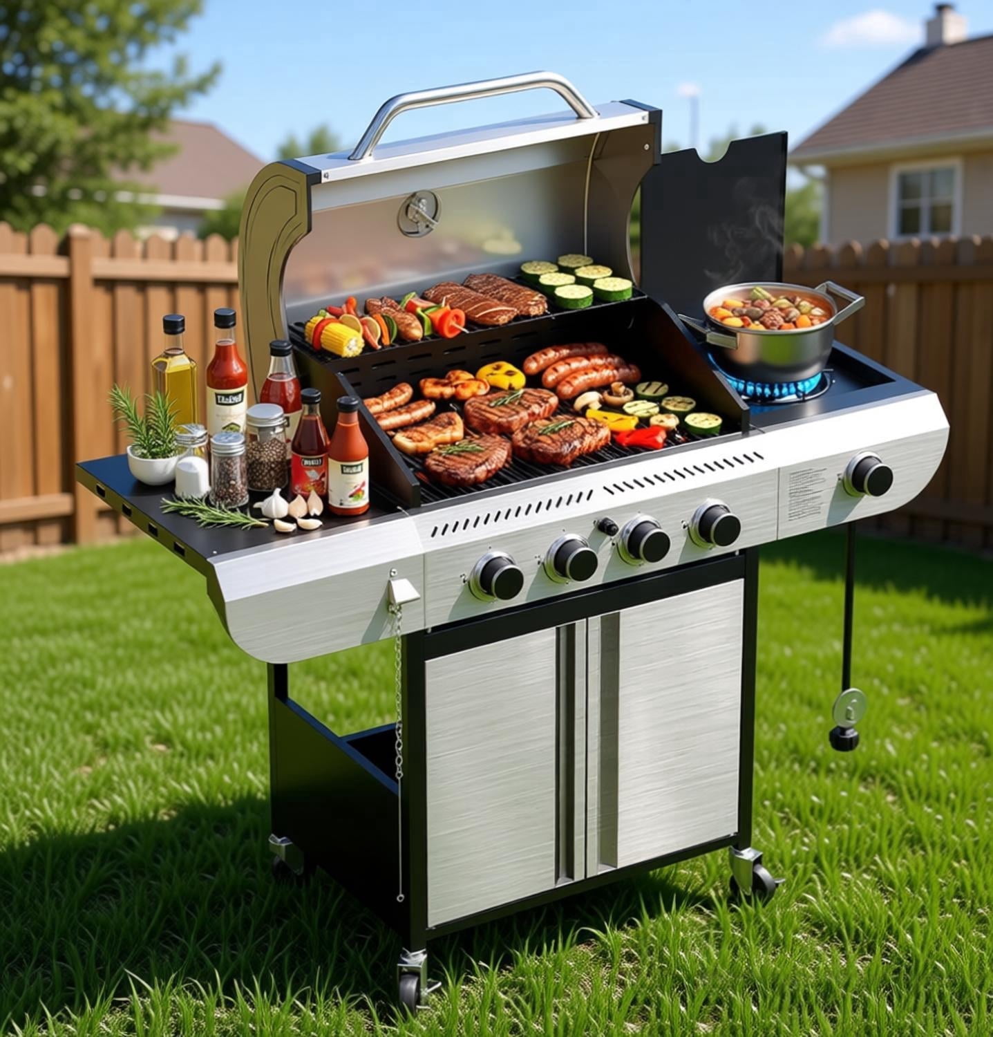 Gas Propane Grill,5-Burner Gas BBQ Grill with Side Burner, 52,000 BTU Stainless Steel Propane Grill for Outdoor