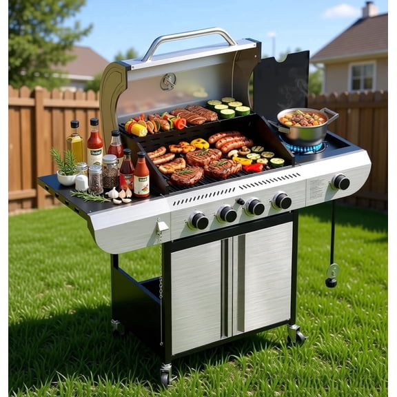 Gas Propane Grill,5-Burner Gas BBQ Grill with Side Burner, 52,000 BTU Stainless Steel Propane Grill for Outdoor