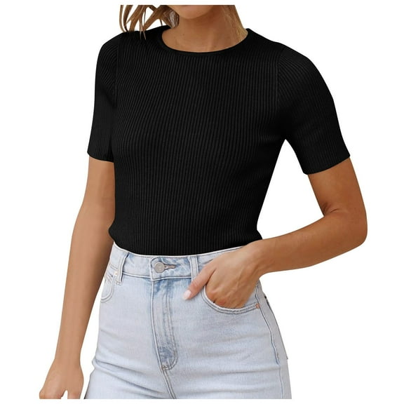 oqasdz Women's Sweaters Short Sleeve Crewneck T Shirt Summer Ribbed Knit Slim Fit Basic Solid Color Tee Tops Casual Relaxed Fit