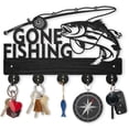 thumbnail image 1 of Perchero de pared Wood Gone Fishing, soporte para llaves, 11,87,9 pulgadas, color negro, con 5 ganchos de aleación, para decoración de pared., 1 of 9