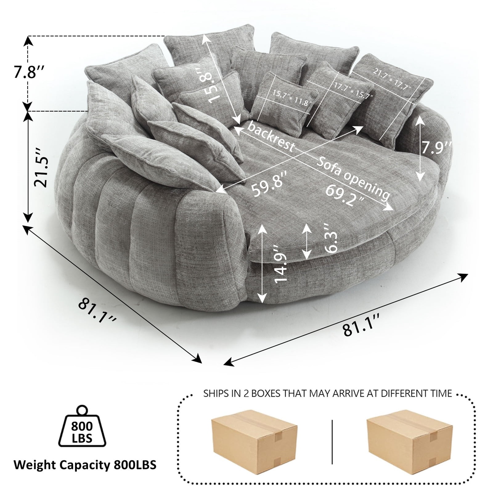 litvz 81.1in extra wide round boneless sofa oversized round chaise lounge comfy with 14 pillows for living room