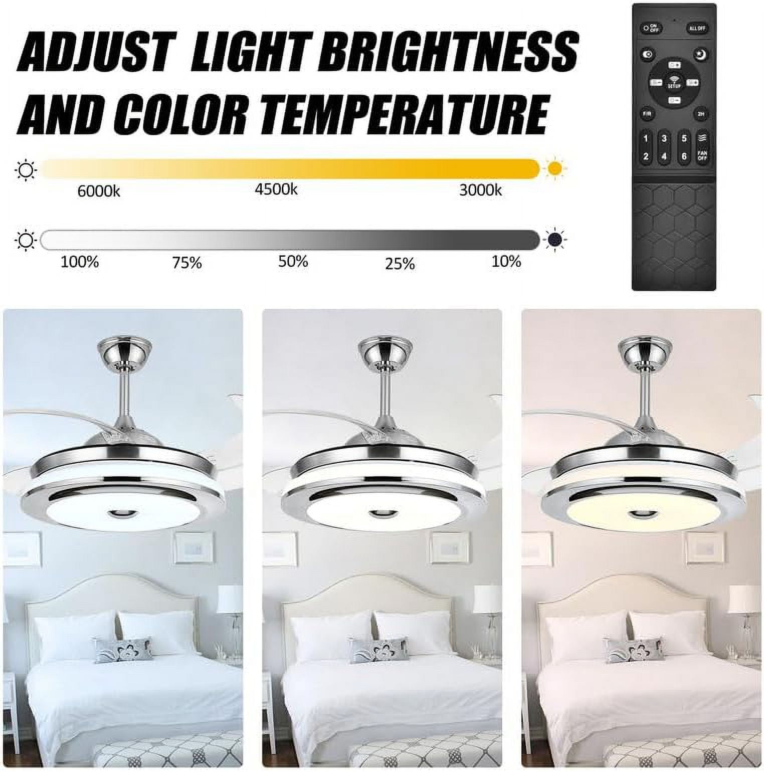 Datingday 42'' Reversible Bluetooth Ceiling Fan with Light and Speaker, LED Dimmable Fandelier Ceiling Fan Light with Remote Control Retractable Invisible Music Player Chandelier for Living Room
