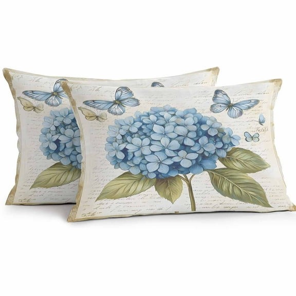 Waterproof Throw Pillow Covers Set of 2, 20x12 Inch Blue Hydrangea Decorative Pillowcases Outdoor Pillow Slip Cushion Covers Set for Couch Tent Spring Vintage Botanical Butterfly