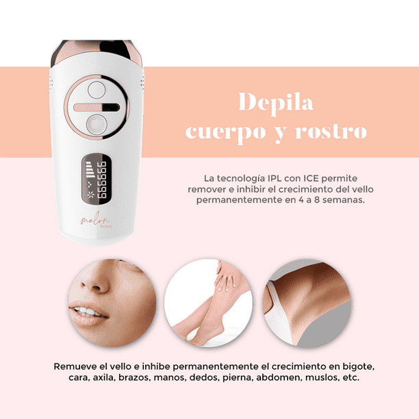 Depiladora Luz Pulsada Intensa ICE COOL Melon Beauty Depiladora IPL que remueve el vello en cara y cuerpo. Resultados de depilacion desde la semana 4 Kit que incluye lentes y