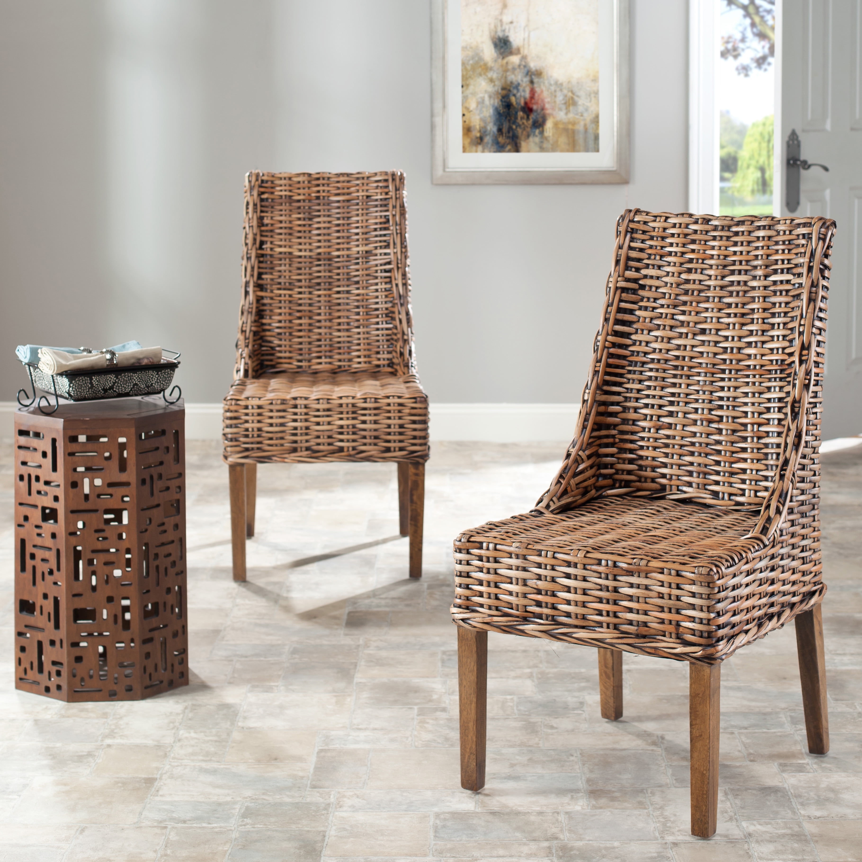SAFAVIEH Suncoast Nautical Rattan Solid Dining Parsons Chair, Walnut (Set of 2)