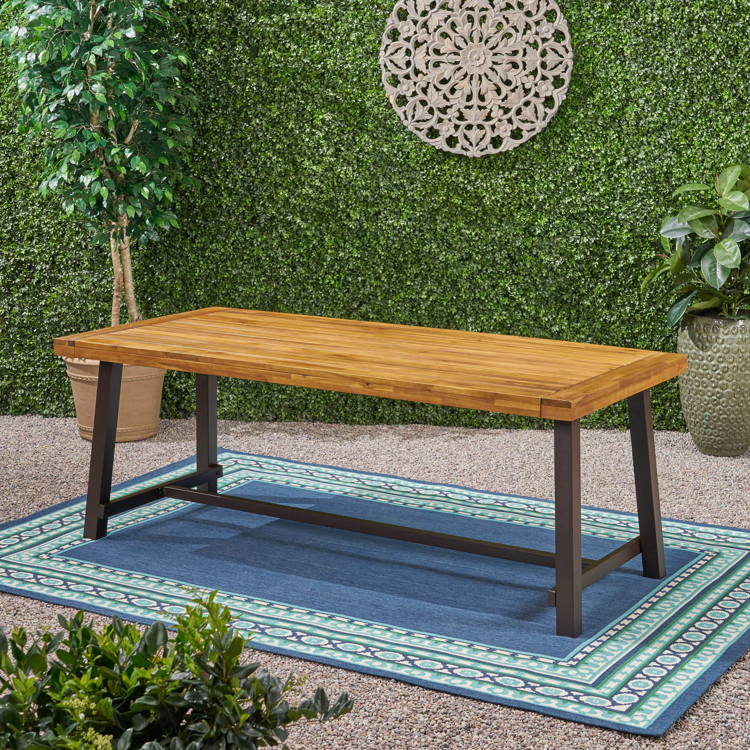 Kamden Outdoor Eight Seater Wooden Dining Table, Teak and Rustic Metal