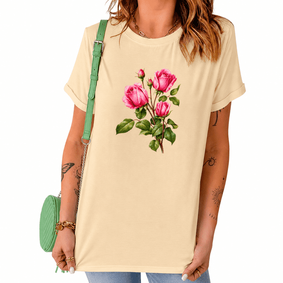 UNISHE Women's Vintage Botanical Rose Tee Watercolor Floral Graphic Crewneck Short Sleeve Nature Top