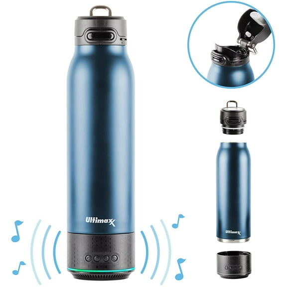 Vacuum Insulated Premium Water Bottle with Rechargeable Bluetooth Speaker - Steel Double Wall Design   Lights, Convenient Drinking Spout, Lid Lock, and Carry Handle (700ml/23.6 oz) Navy Blue
