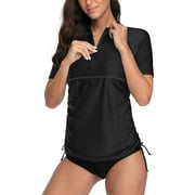 Charmo Women Short Sleeve Rash Guard Half-Zip Adjustable Drawstring UPF 50 Swim Shirt
