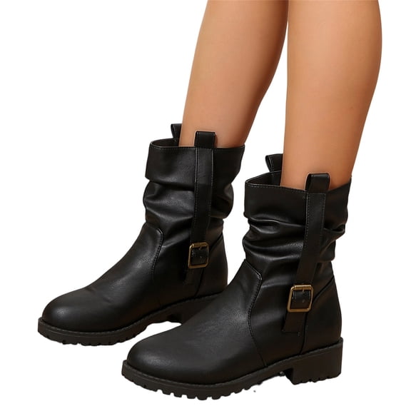 Womens Buckle Mid Calf Combat Boots Motorcycle Riding Platform Leather Lug Sole Zipper Comfortable Durable Waterproof Outer Outdoor Autumn Winter Streetwear Party Casual Walking,Black 6