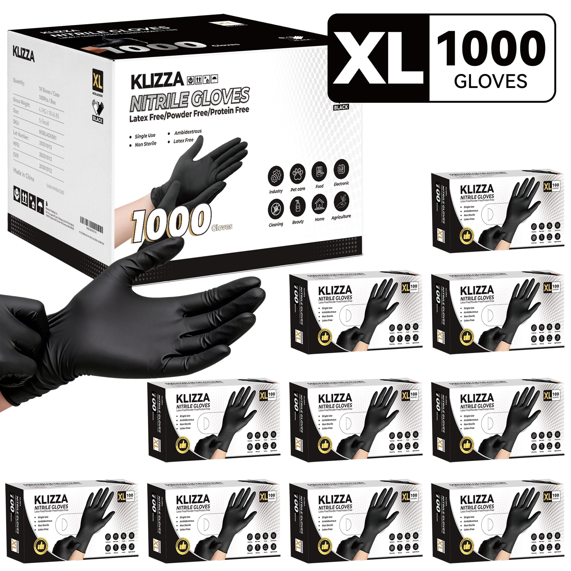 KLIZZA 1000PCS Disposable Nitrile Gloves 5 Mil Heavy Duty Black Disposable Latex and Powder Free Medical and Household Gloves