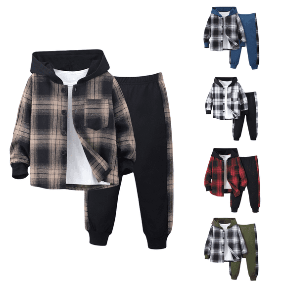 Little Boys Casual Outfit Sets Long Sleeve Patchwork Plaid Prints T Shirt Hooded Tops Pants Clothes Set for Kids Size 5-6T