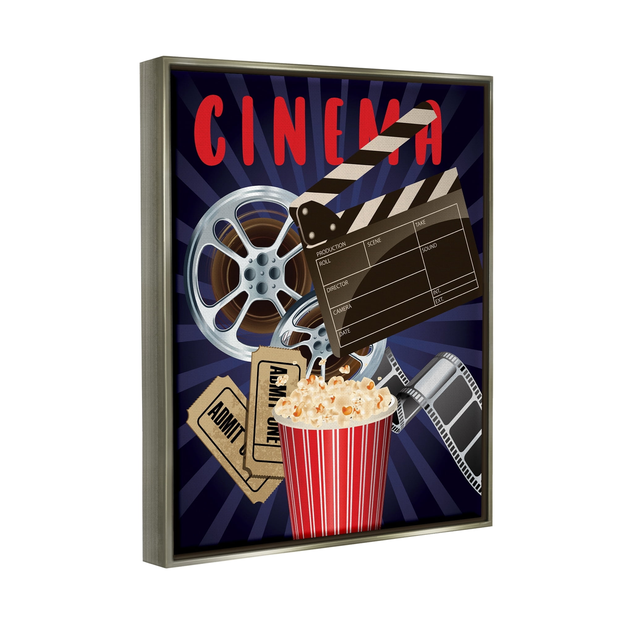 Stupell Industries Cinema Movie Reel Popcorn Entertainment Sign Graphic Art Luster Gray Floating Framed Canvas Print Wall Art, Design by Yvonne Coleman Burney