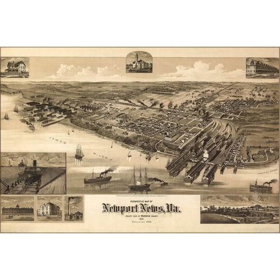 24"x36" Gallery Poster, birdseye view map of Newport News, Virginia 1891