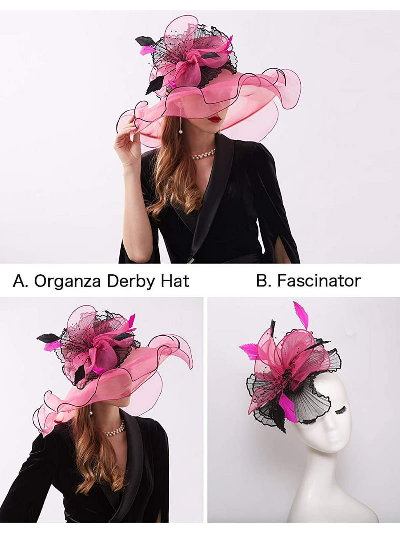 Pink Womens Organza Wide Brim Flower Fascinator Hat Lightweight Elegant Sun Hat Women Organza Church Hat Floral Wide Brim Fascinator Derby  main image 2