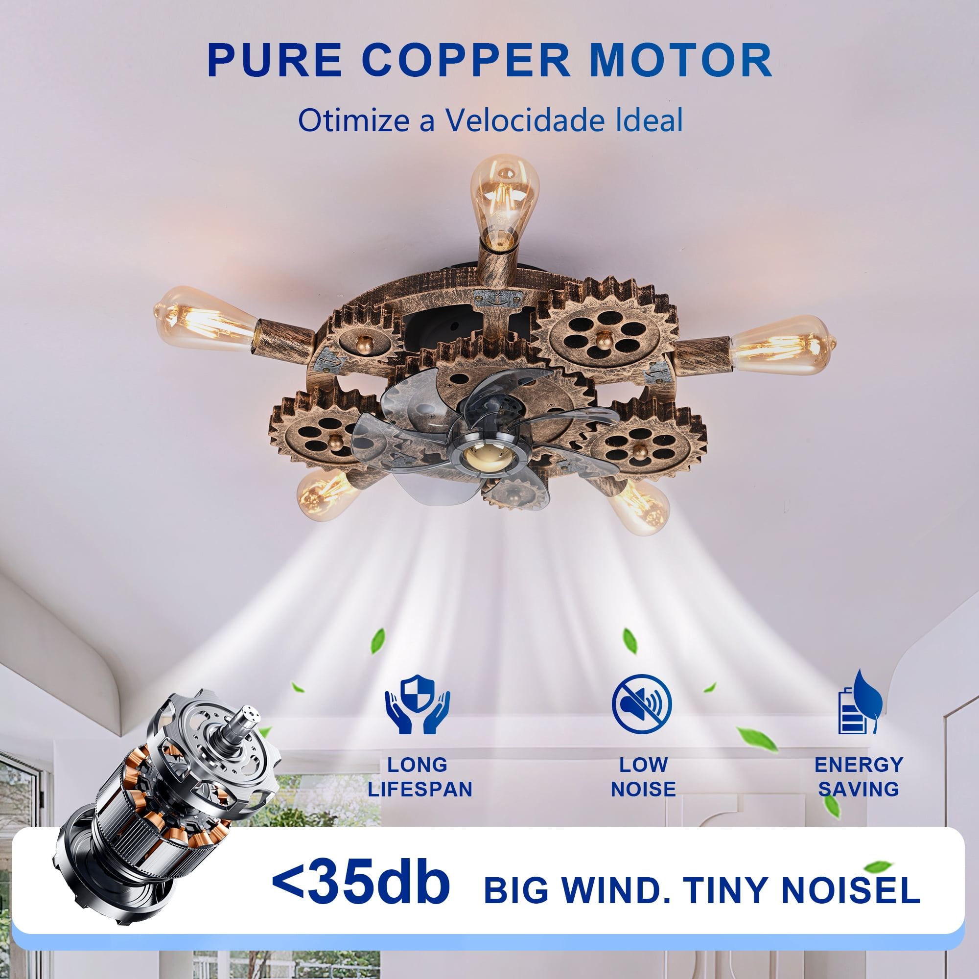 Leumius 19.6" Industrial Ceiling Fan with Light and Remote,Retro Ceiling Fan Lights with 7 Blades for Living Room Bedroom Dining Room (NOT Included Bulbs)