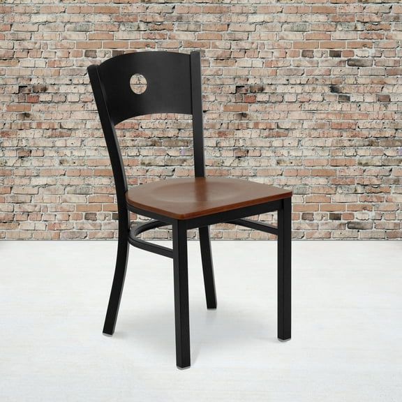 Emma Oliver Black Circle Back Metal Restaurant Chair - Cherry Wood Seat