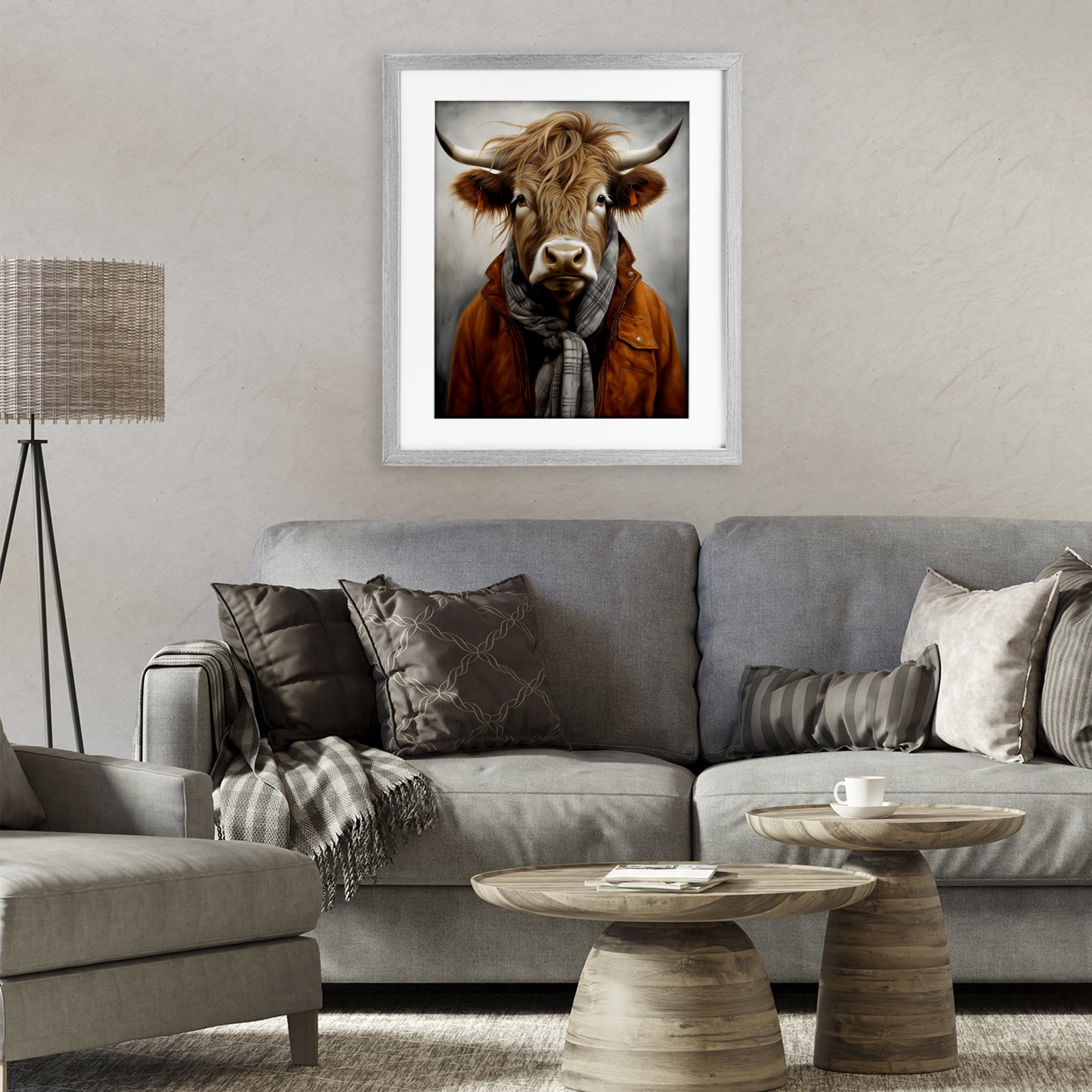 Stupell Industries Buster Bull Horn Portrait Gray Framed Print Under Glass, design by Ray Powers