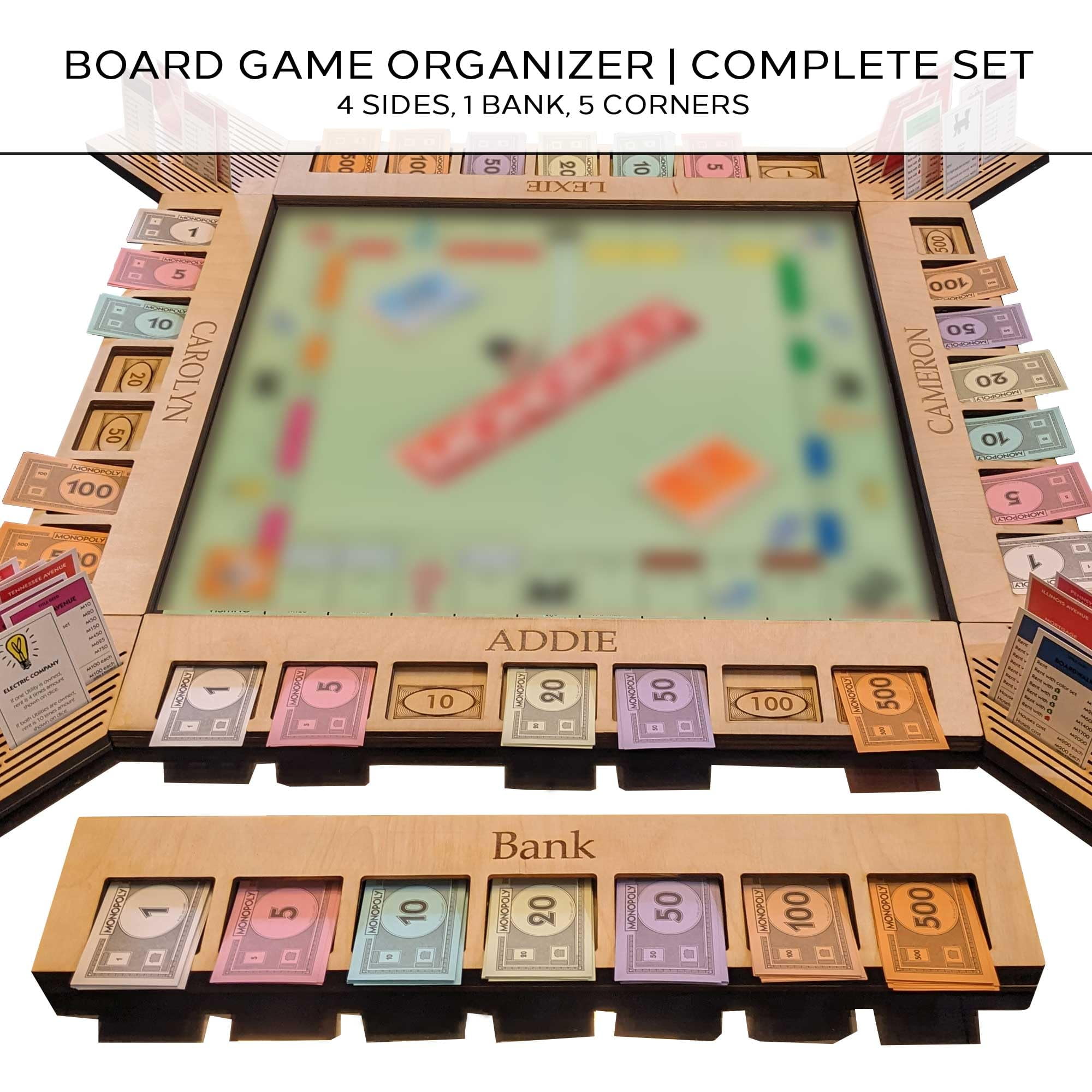 Custom Board Game Frame Personalized Game Board Organizer Compatible with Monopoly Board Game and Monopoly Game Pieces | Economic Themed Game Organizer | Complete Set | Red Oak