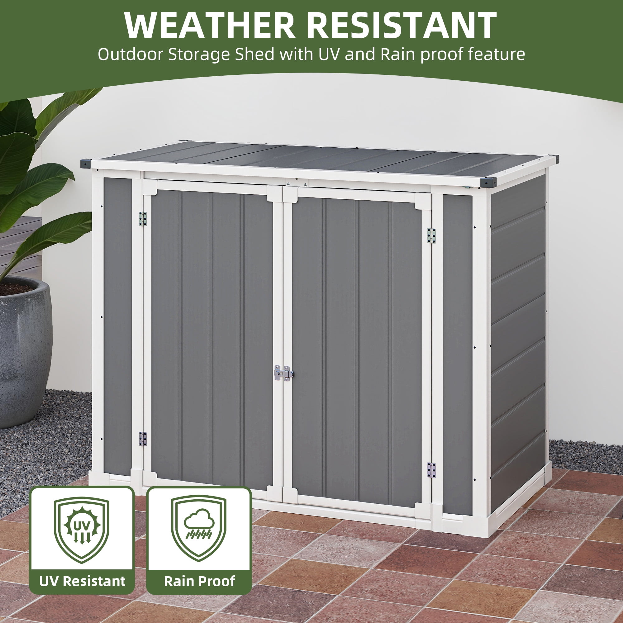 Uforic Storage Shed with Front & Lift-Up Doors, Double-Layer Resin, Lockable Latch for Outdoor, Gray