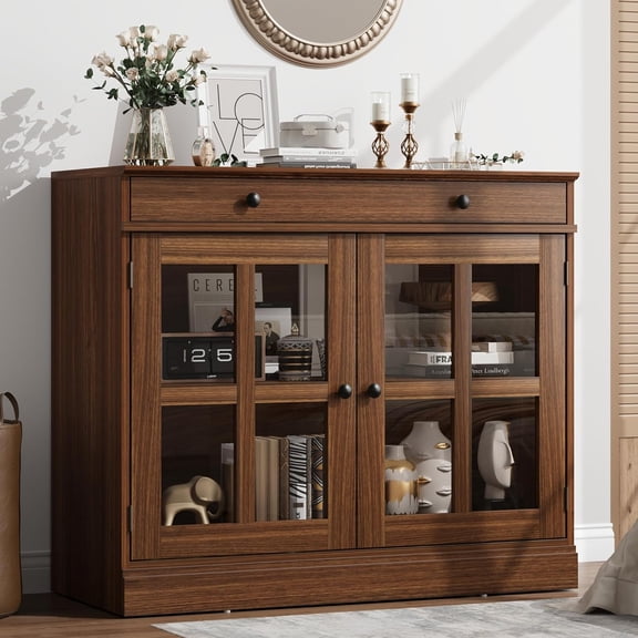 35.4 inch Sideboard Buffet Cabinets with Glass Door Buffet Cabinet with Storage Walnut Sideboard Cabinet with Drawer Modern Buffets and Sideboards for Dining Room Kitchen