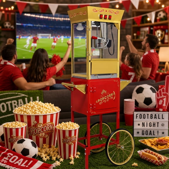 12OZ Popcorn Machine with Cart, Holaki Movie Theater Popcorn Maker Machine with Stainless Steel Kettle, Tempered Glass, 8" Shelf, Popcorn Machine for Kids Party Home, Red
