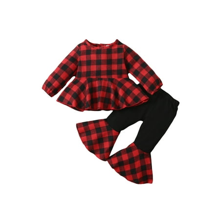 

Sunisery Christmas Kids Baby Girls Clothes Set Plaid Print Long Sleeve O Neck Dress Patch Flare Pants Outfit Red 12-18 Months