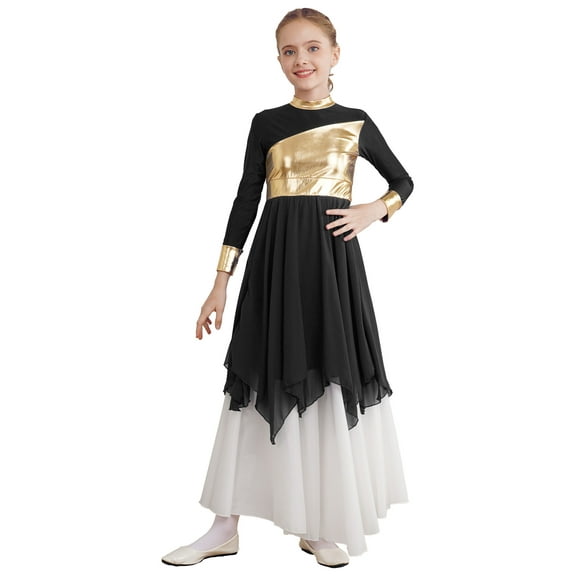 TiaoBug Girls Long Sleeve Praise Dance Dress Full Length Lyrical Dancewear Black 8