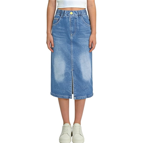 Edvintorg Girls Denim Skirt Outdoor High Waisted Casual Slit Midi Jean Skirt with Pockets Kids Clothes Girls Size 5-15