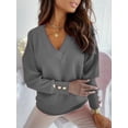 thumbnail image 3 of Women's Fall/Winter Solid Pullover, V-neck, Loose Chunky Button-down Long-sleeved Coat, 3 of 4