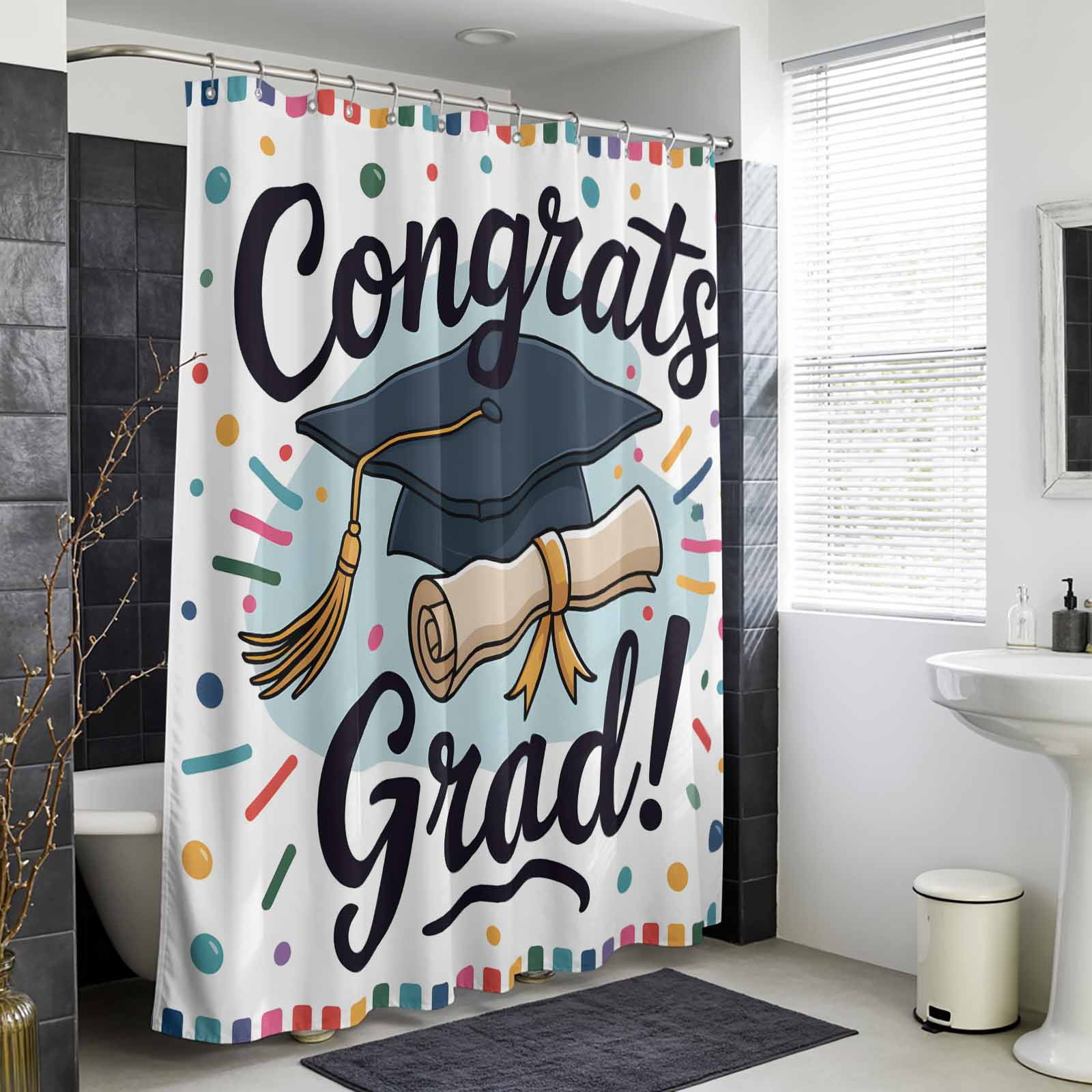 Xipuska Black Blue Graduation Hat Shower Curtain - Water Repellent Fabric Shower Curtains Washable, Funny Words Decorative Polyester Cloth Bathroom Curtains Modern Bath Decor 72"x78"