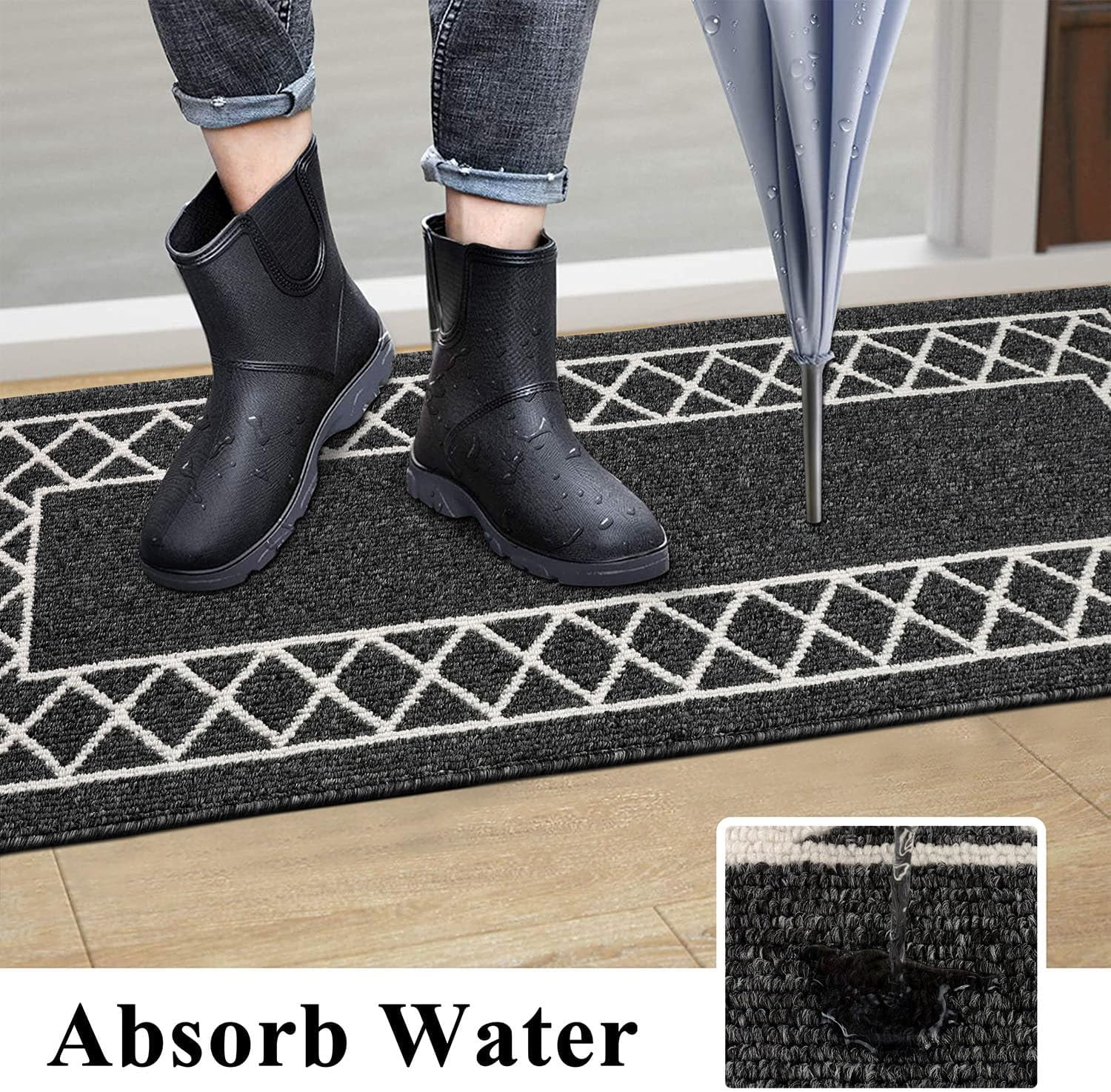 Yamaziot 2'x10' Runner Rug, Washable Kitchen Floor Runners Rugs for Hallway, Non Slip Entryway Mat Low Profile Inside Front Doormat, Laundry Room Rug, Black